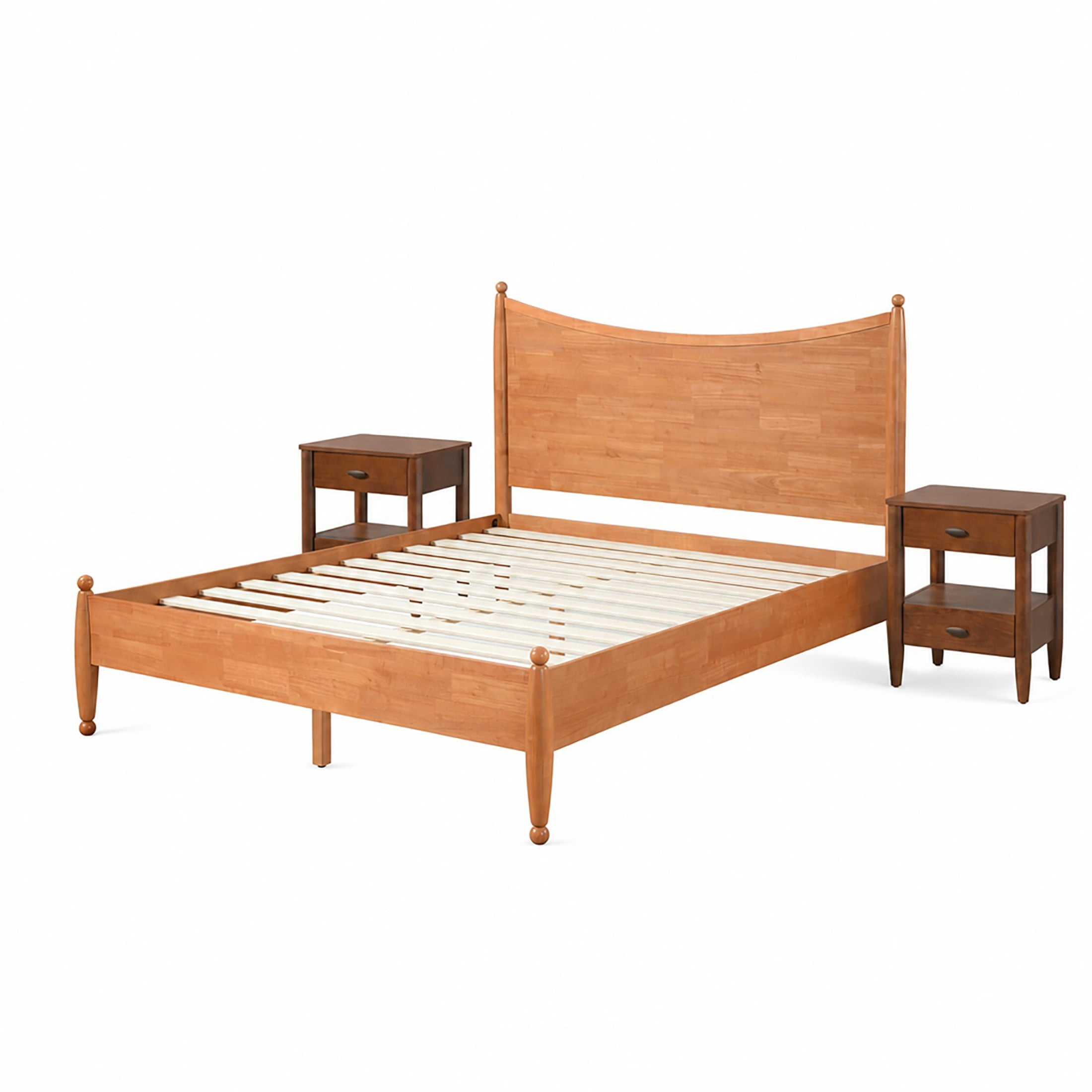 Christopher Knight Home Queen Bedroom Set, Wood Bed with Curved Headboard and 2 Nightstands, Honey Oak+Walnut