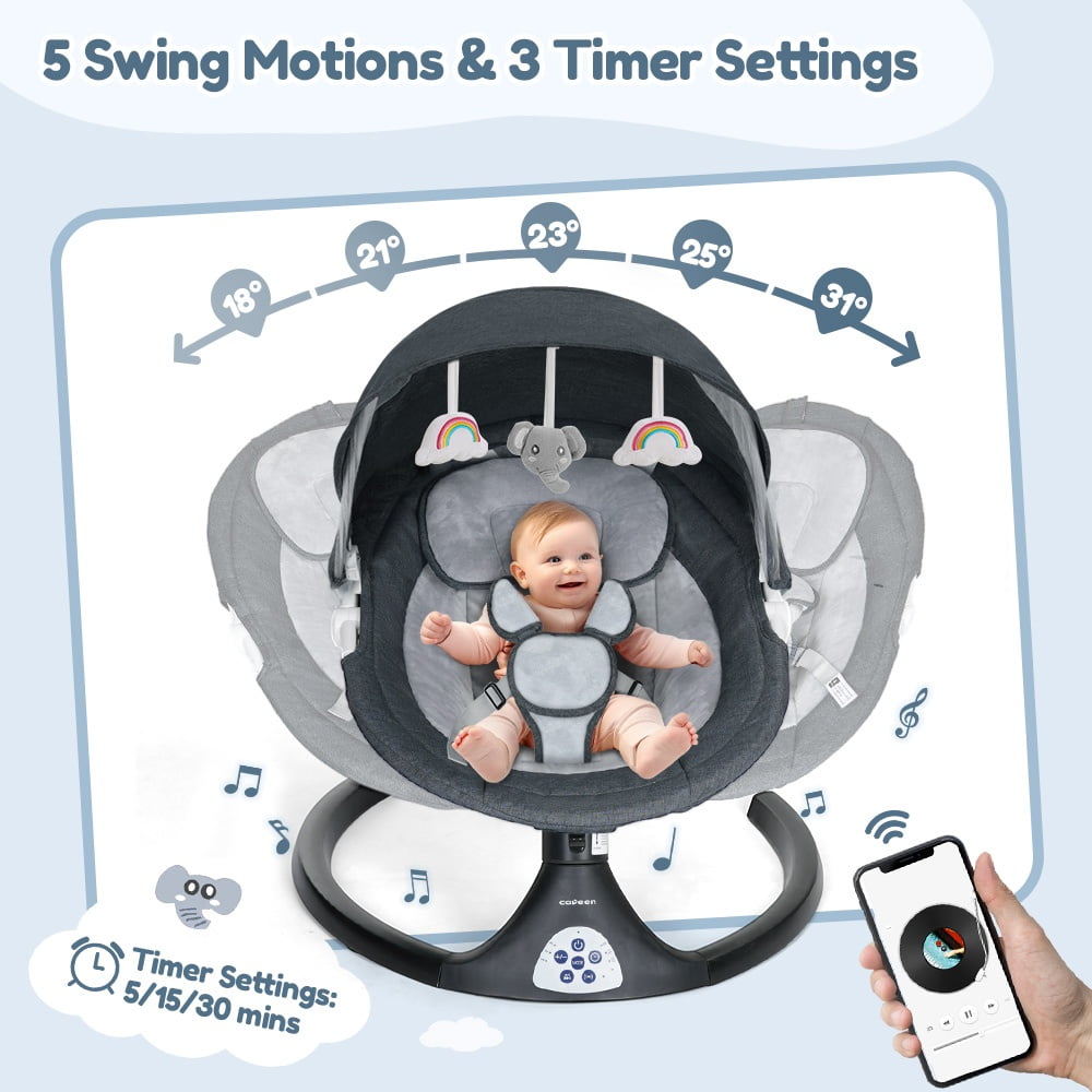 Baby Swing for Infants, Caveen Electric Bluetooth Baby Rocker, 5 Swing Speeds, 3 Seat Positions, Adapter & Battery Operated, Black