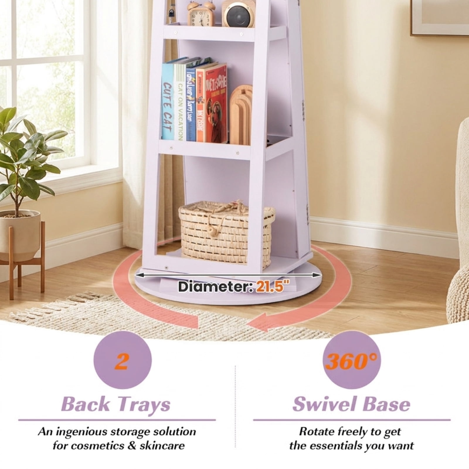 Furnibear 360° Rotating Mirrored Jewelry Cabinet Armoire 3 Color LED Modes Lockable for Bedroom Dressing Room Jewelry Necklace Rings Storage, White