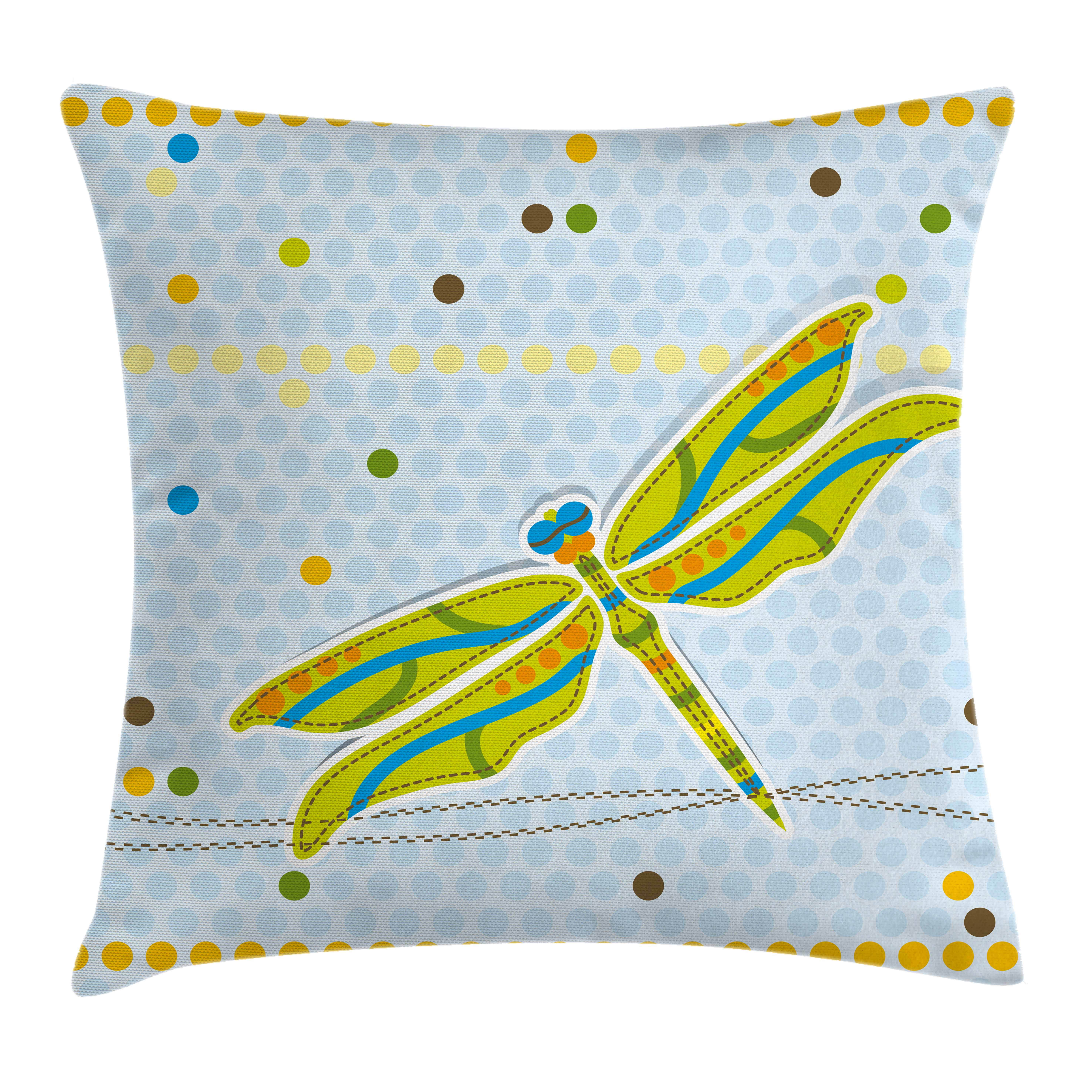 Dragonfly Throw Pillow Cushion Cover, Dragonfly Figure over Little Circular Spots and Dots Kids