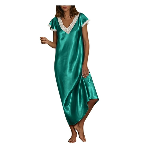 Bigersell Robes Formelles Grande Taille pour Femmes Offres Robe de Nuit Longue à Manches Courtes Col en V Style D-70 Robe Maxi à Manches Courtes Robes d'Été Grande Taille pour Dames, Vert P