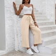 thumbnail image 4 of Women Linen Pants Summer Wide Leg Cropped Palazzo Pants Drawstring High Waisted Beach Lounge Trousers with Pockets,S, 4 of 6