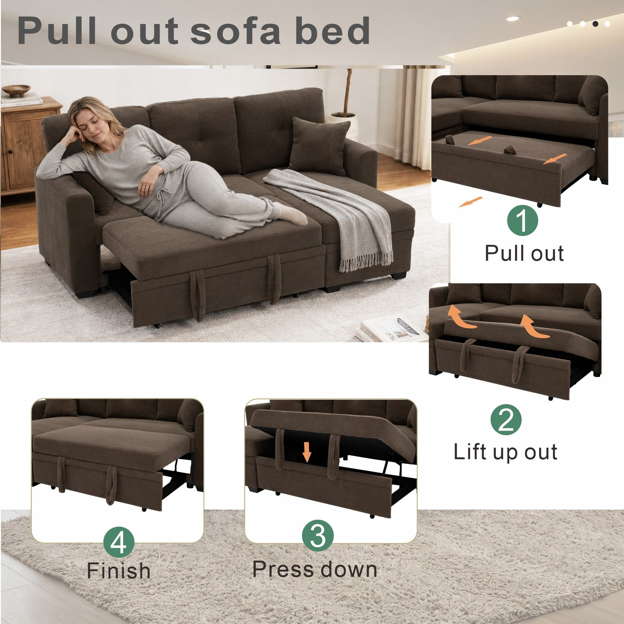 BSHTI 71"Foil Fabric L-Shaped Pull-Out Sleeper Sofa Bed with Reversible Chaise, Hidden Storage for Living Room（Coffee）