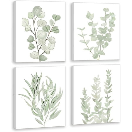 Drsoum Botanical Eucalyptus Light Green Boho Plant Canvas Framed Wall Art Decor 8"x 10" Set of 4