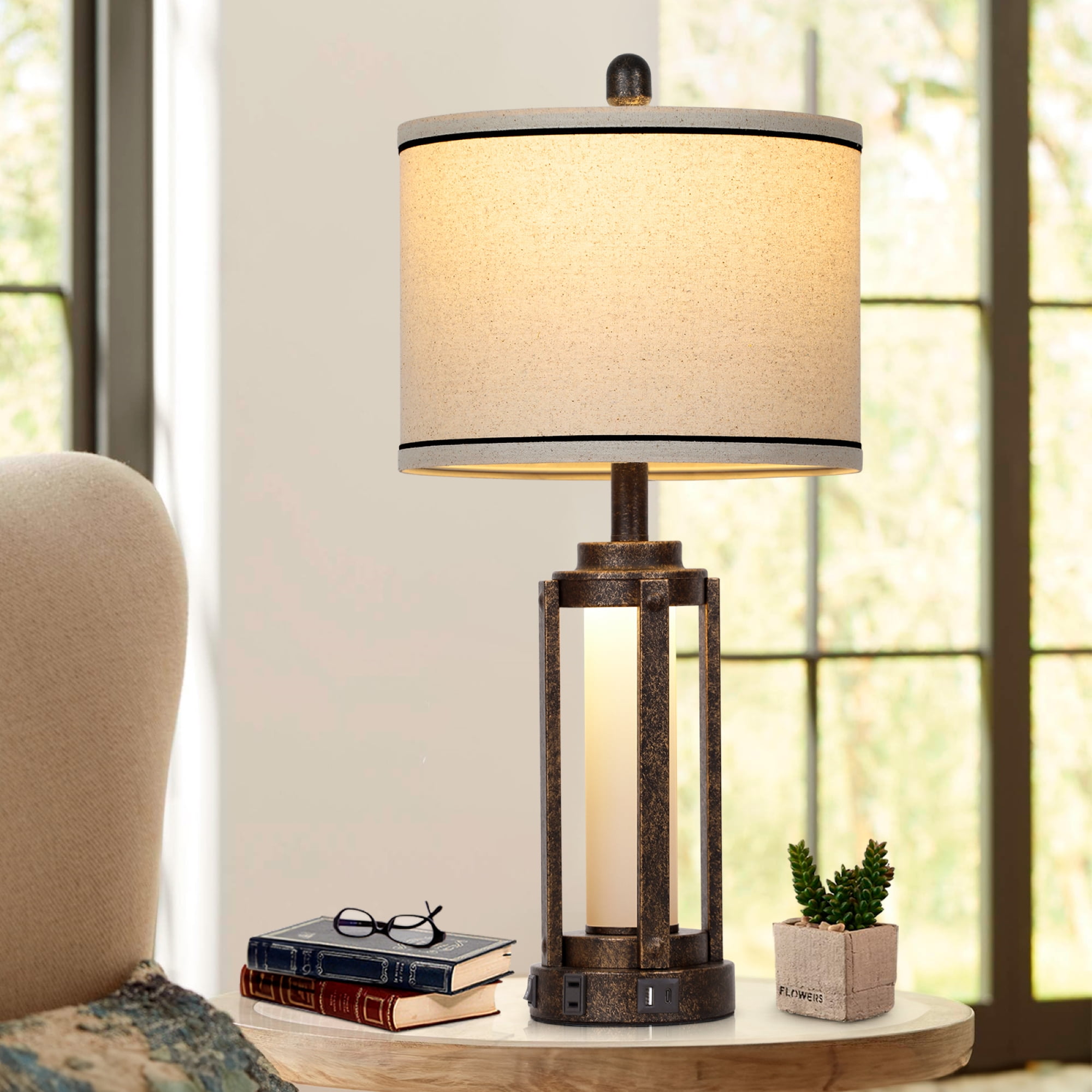 Cinkeda Modern Gold Table Lamp Set of 2 for Living Room Bedroom 25" Bedside Nightstand Lamps with USB A+C Port AC Outlet Nightlight