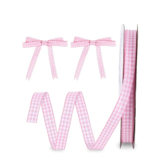 Pink Gingham Ribbon,QZS Craft Plaid Ribbon for Thanksgiving Bow,1Roll Portable Craft Wrapping Decoration for Indoor,Outdoor,147.6Ft