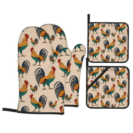 

Oven Mitts and Pot Holders 4 pcs Set Cartoon Cute Rooster Chicken Heat Resistant Pot Holders Oven Mitts for kitchen Non-Slip Hanging Loop Oven Glove Potholders for Baking Cooking