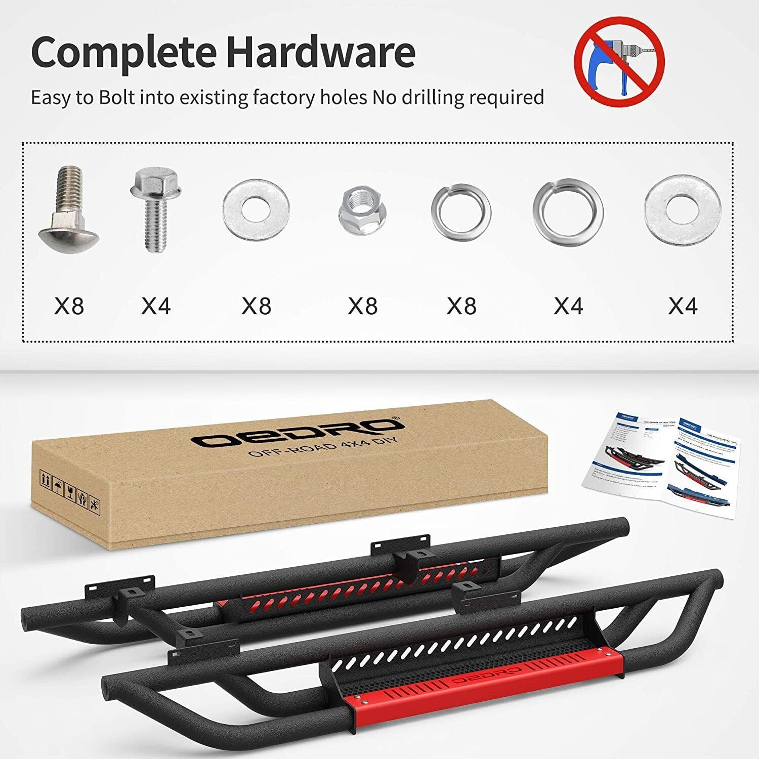 RVNI Side Step for 2007-2018 Jeep Wrangler JK 2 Door, Stainless Steel Nerf Bar Running Board Red Paintable Step Plates
