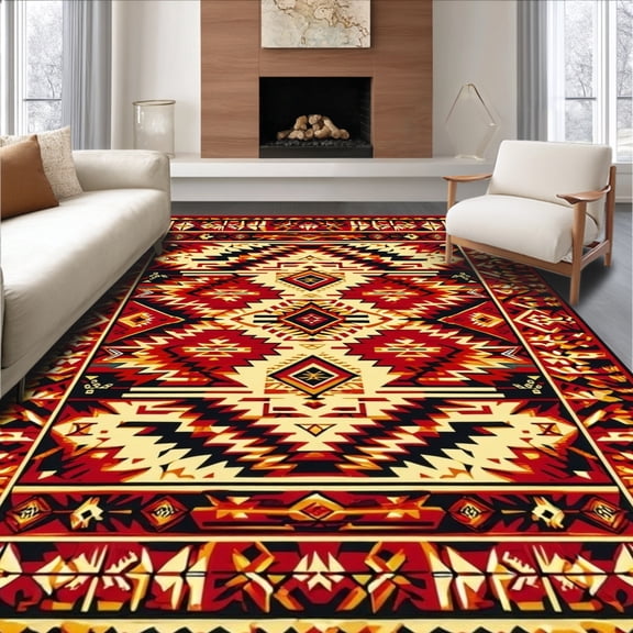 ODIKA 4'x6' Machine Washable Non-Slip Area Rug, Southwest Geometric High Traffic Rug, Red, 150667