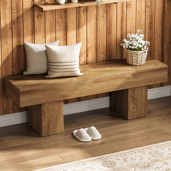 Finmind 55" Entryway Bench, Farmhouse Dining Bench with Broad Legs for Bedroom, Kitchen, Hallway, Natural