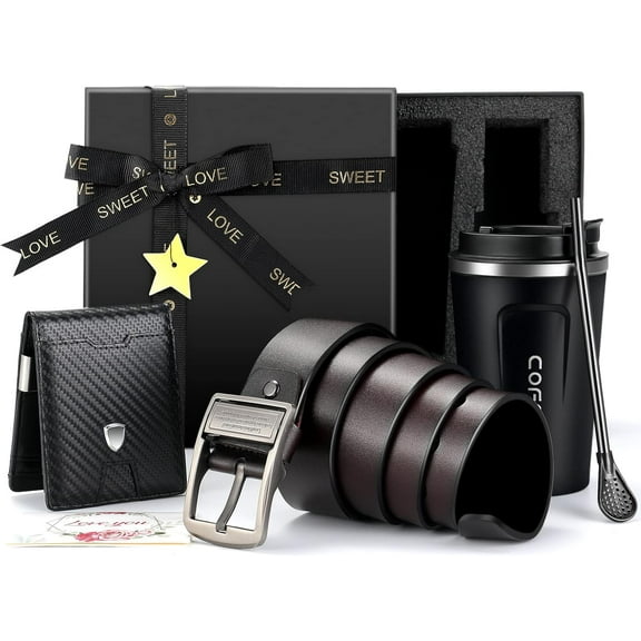 QIFEI Men's Birthday Gifts with Coffee Mug, Wallet and Belt for Daughter, Son, Kid, Wife, Dad, Husband, Boyfriend, Best Friend, Personalized Father's Day Gift