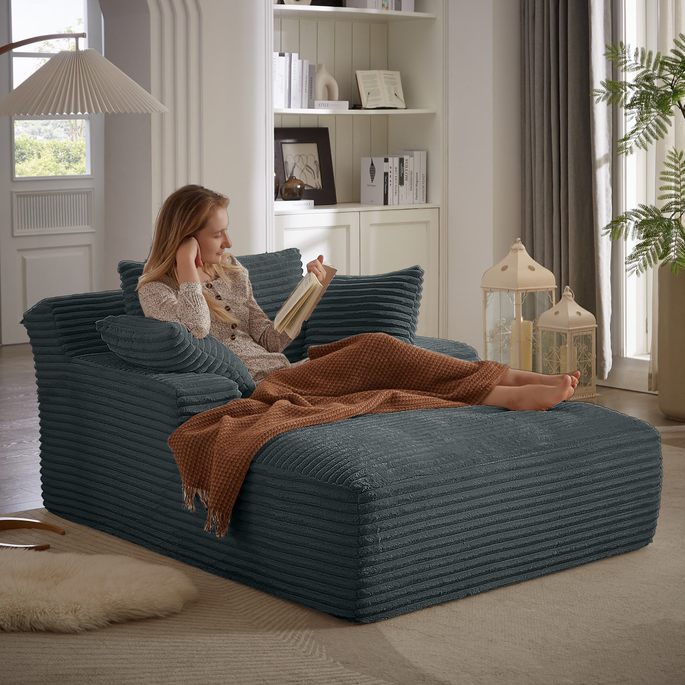Aukfa Oversized Chaise Lounge Sofa Bed, Corduroy Upholstered Sleeper Chair, Boneless Deep-Seat Couch, Dark Gray