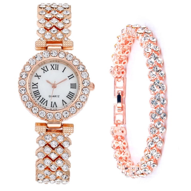 PENGXIANG 2Pcs/Set Women Watch Bracelet Kit Dial Shiny Rhinestones Inlaid Roman Numerals Pointer Display Accurate Decorative Gift Lady Quartz Wristwatch Bangle Jewelry Fashion Accessorie