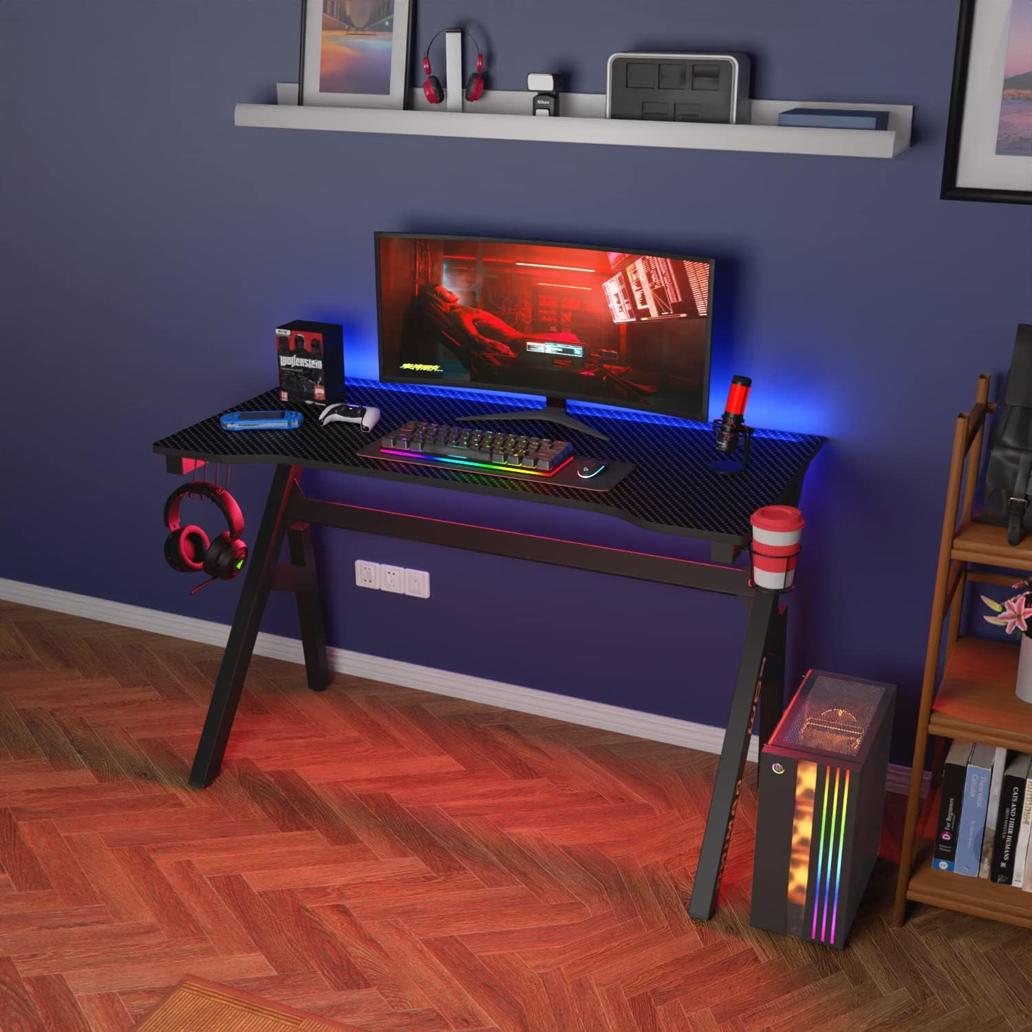 BestOffice Home Office Desk with Headphone and Cup Holders, Red