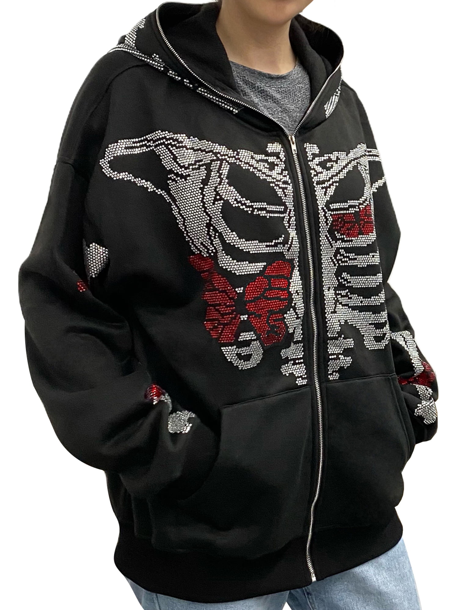 GuliriFei Y2k Skeleton Full Zip Up Hoodies Over Face Women Men Rhinestone  Skull Graphic Print Sweatshirt Gothic Oversized Jackets Streetwear