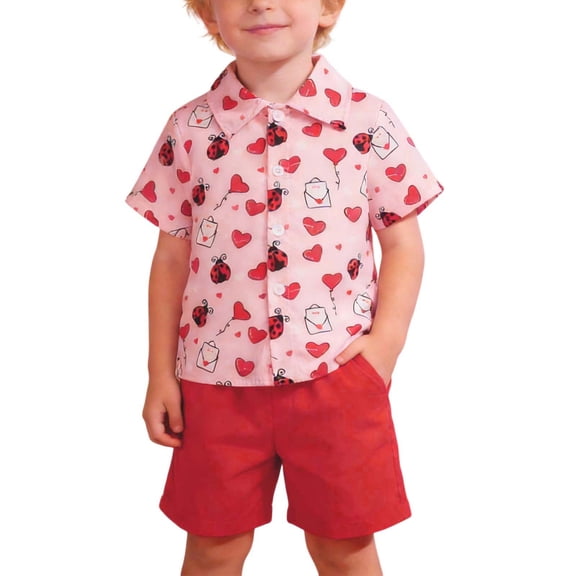 JAJAHO Toddler Boys 2 Piece Set Gentleman Outfits Short Sleeve Heart Print Button Up Collared Shirts And Shorts Valentine's Day 1-5 Years Trendy Outfit