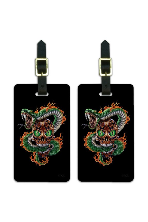 Fire Snake and Skull Biker Motorcycle Flames Racing Luggage ID Tags Suitcase Carry-On Cards - Set of 2