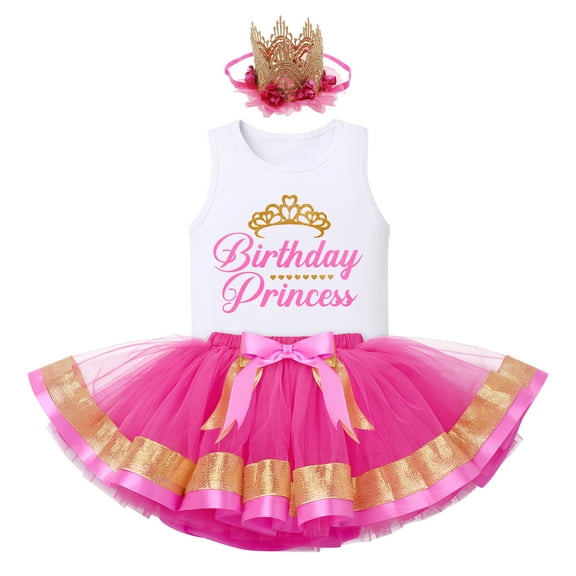 IBTOM CASTLE Toddler Baby Girls Princess Birthday Outfits Sleeveless Printed Vest Tops Tulle Tutu Dress Flower Crown Party Clothes 4-5 Years Hot Pink