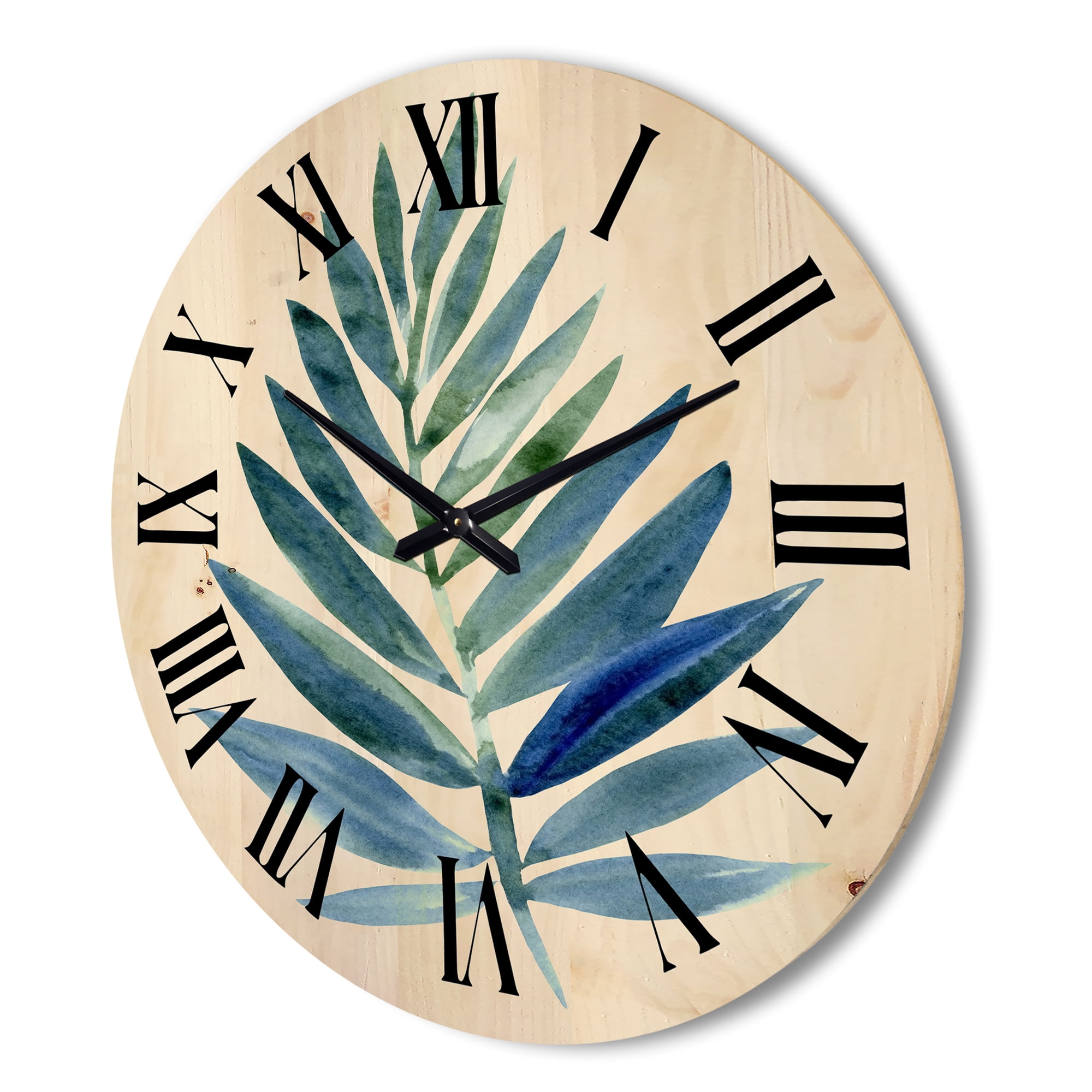 Designart 'Tropical Green Leaf On White' Farmhouse Wood Wall Clock
