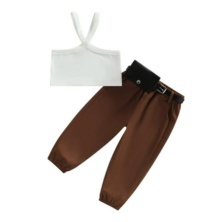 

JYYYBF Toddler Baby Girl Summer Outfits Sleeveless Halter Tank Top and Pants Set Kids Fashion Clothes with Waist Bag White 3-4 Years