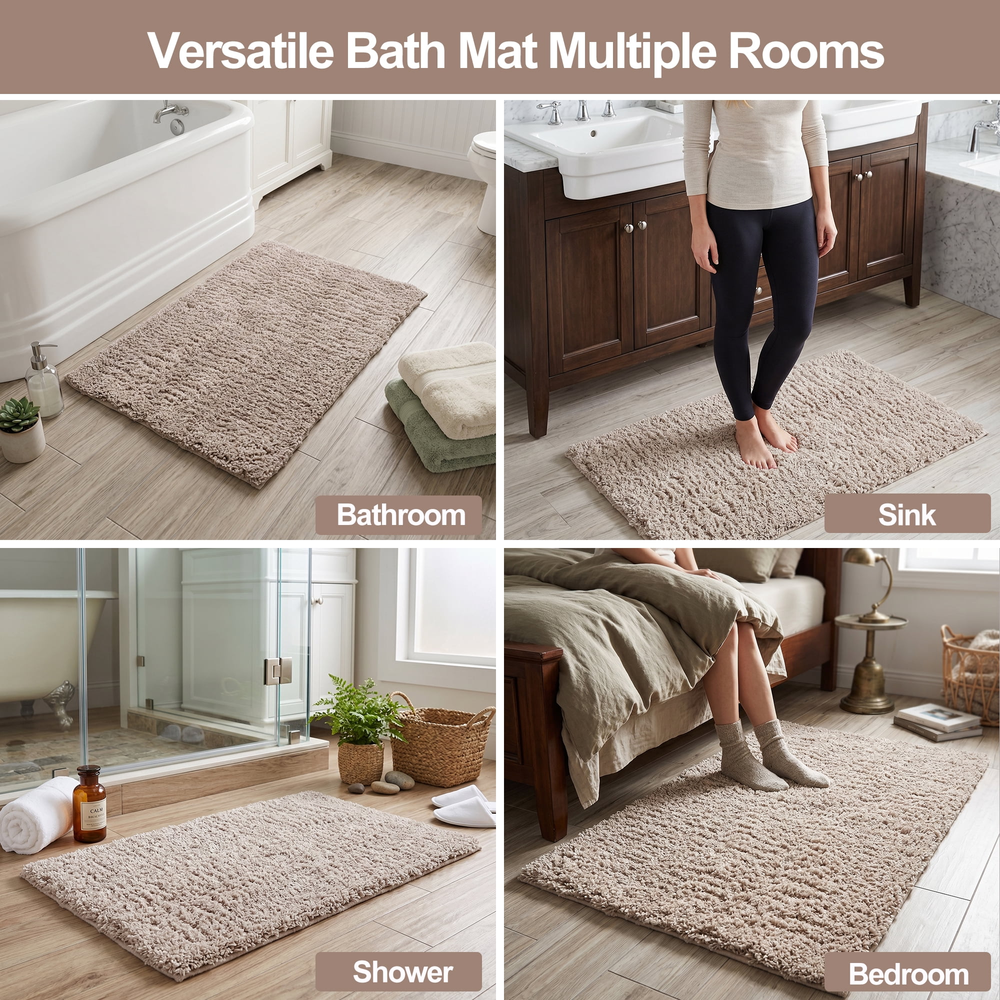 XWZO Shag Soft Tufted Bath Mat for Bathroom 1 Piece, High Pile Absorbent Non Slip Bath Rug with Rubber Backing, Camel, 24x35 Inch
