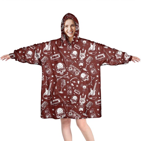 Wearable Oversized Blanket,Red Skull Guitar Music Pattern Wearable Blanket Hoodie for Adults,Cozy Hooded Blankets with Super Pockets,Super Warm Fuzzy Pullover for Women & Men