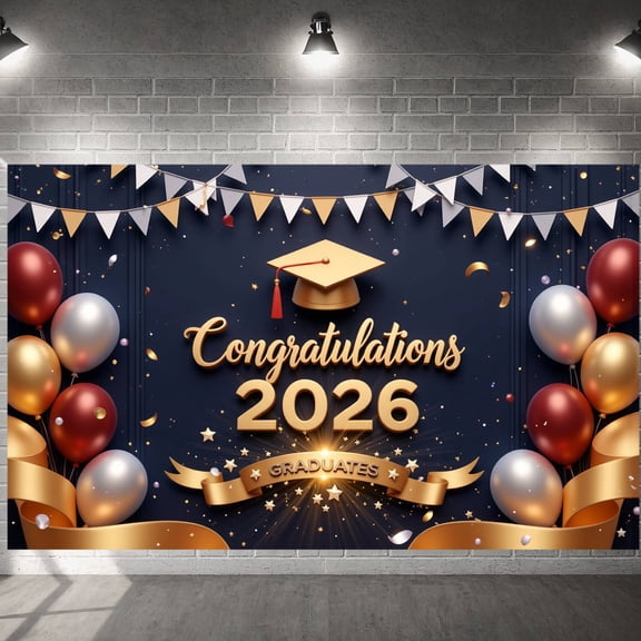 Gold Grad Cap Graduation Banner Burgundy Gold Balloons 2026 Grad Banner Confetti Decor Golden Lettering Graduation Backdrop for Graduation Ceremony Grad Party School Event
