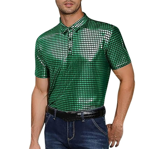 toraway Fall Clothes Men Shirts Short Sleeve Tall Men's Casual Short Sleeve Lapel PU Shirt 70 Disco Nightclub Party T Shirt S
