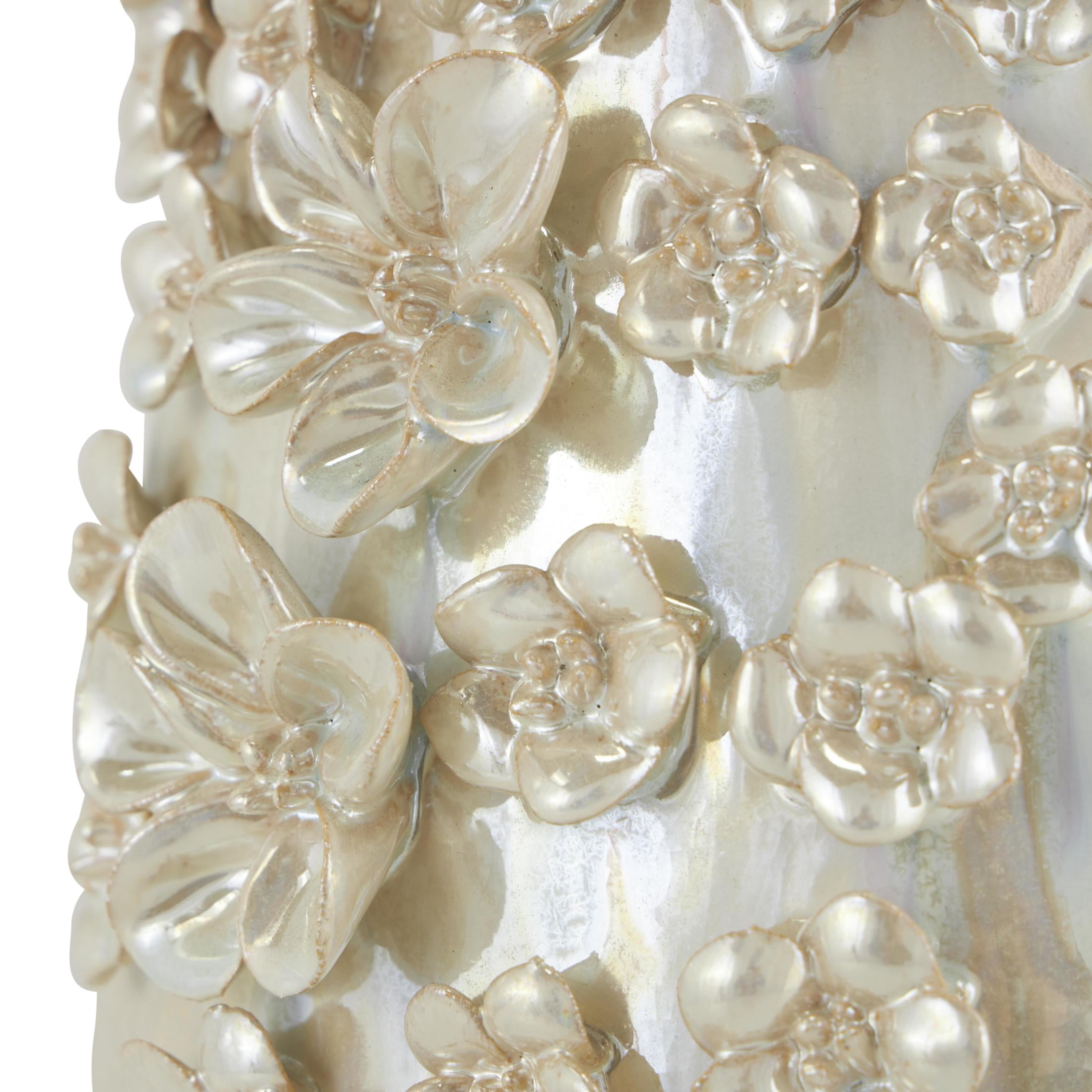 DecMode 17" Floral 3D Cream Ceramic Vase with Iridescent Glaze