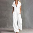 thumbnail image 2 of TEAJOPSUU Womens Cap Sleeve Collared Jumpsuits Zip Front Wide Leg Long Rompers with Pockets Turn Down Collar Summer Casual Daily Wear White, 2 of 6