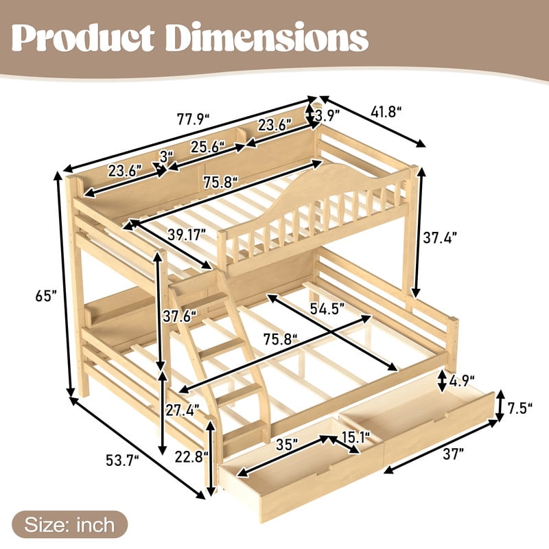 Twin-Over-Full Wood Bunk Bed with Curved Guardrail & Ladder, Chic Kids Storage Bed Frame with Drawers & Bedside Shelves
