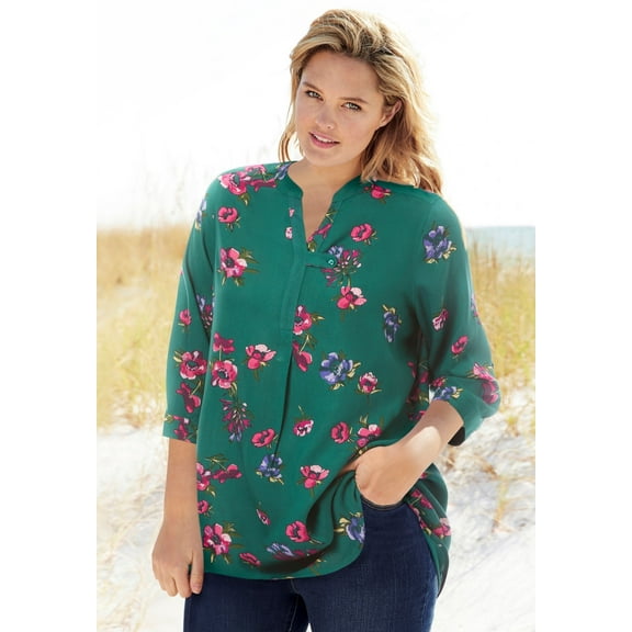 Woman Within Plus Size Rayon Three-Quarter Sleeve Effortless Tab-Front Blouse