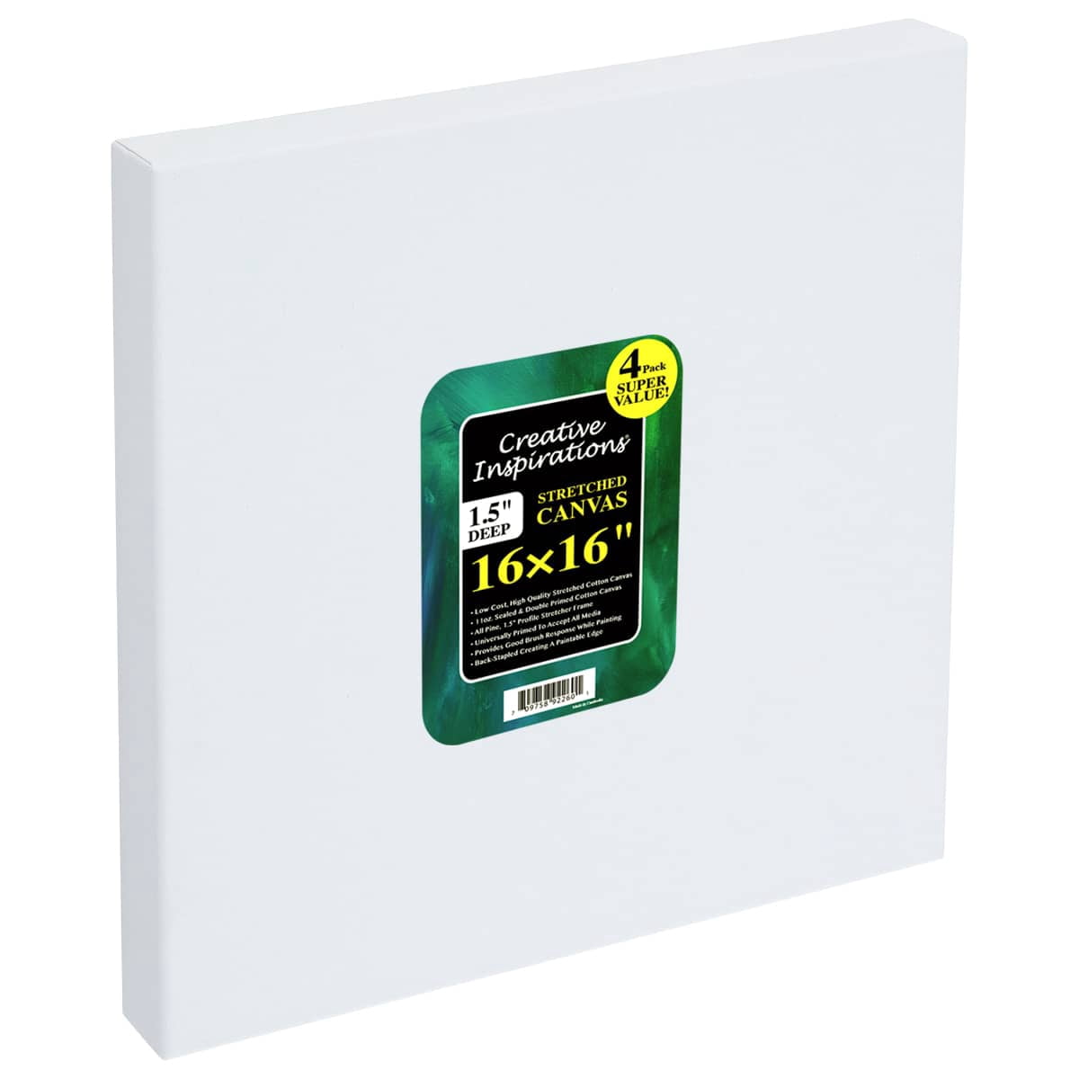 Creative Inspirations Stretched Canvas 4 Pack - 1-1/2" Deep, 16x16", 11oz Sealed & Double-Primed Cotton Canvases, Pine Stretcher Frame, Archival All-Media Primer - Alkyd, Acrylic & Oil Painting