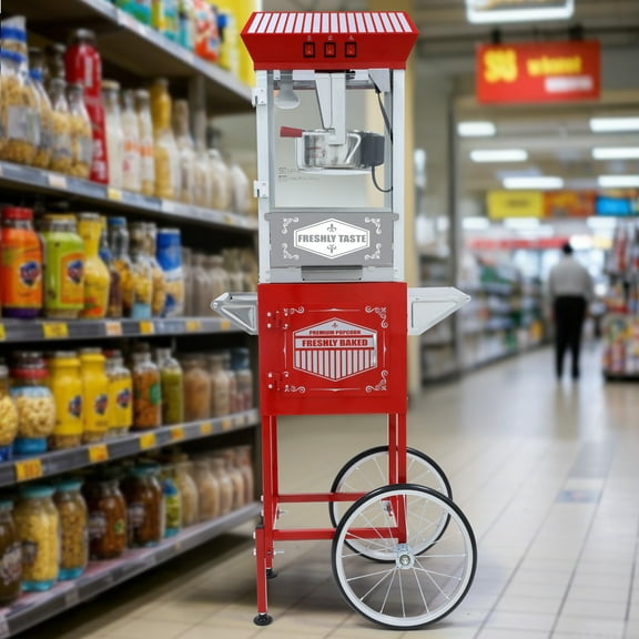 Qiushi Red Vintage Popcorn Machine with Cart - 850W 12oz Commercial Popcorn Popper, Theater Style Mobile Cart with 16" Wheels for Home Theater and Parties