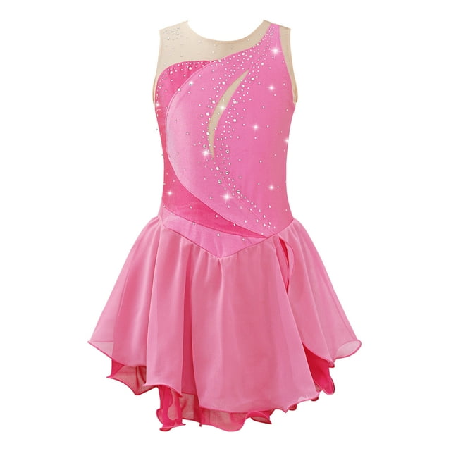 Nyeemya Kid Girls Ice Figure Skating Costume Patchwork Color Mesh Leotard Dress for Dance Performance Pink 12