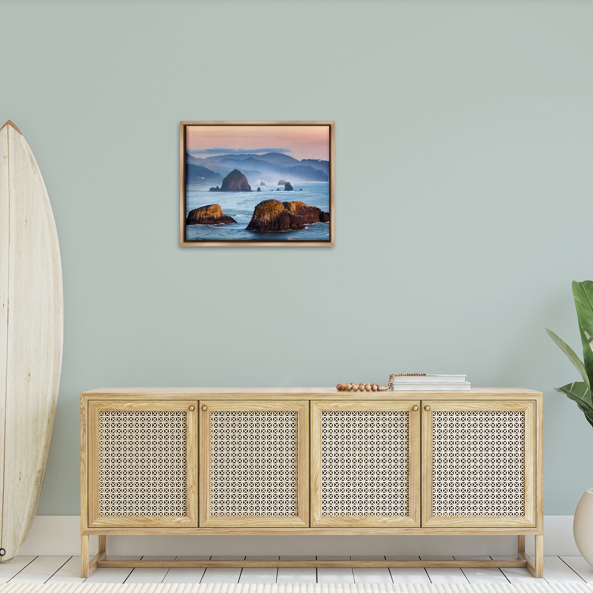 Stupell Industries Ocean Cliffs with Mountains Landscape Photography Brown Floater Framed Canvas Art Print Wall Art, 31 x 25
