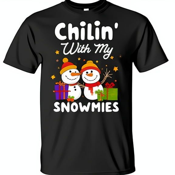 Chillin With My Snowmies Black T-Shirt Cute Christmas Snowmen Graphic