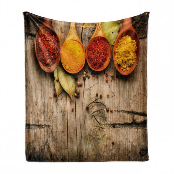Spice Soft Flannel Fleece Blanket, Curry Saffron Turmeric and Cinnamon in Spoons on a Wooden Background Handful Amount, Cozy Plush for Indoor and Outdoor Use, 50" x 60", Multicolor, by Ambesonne