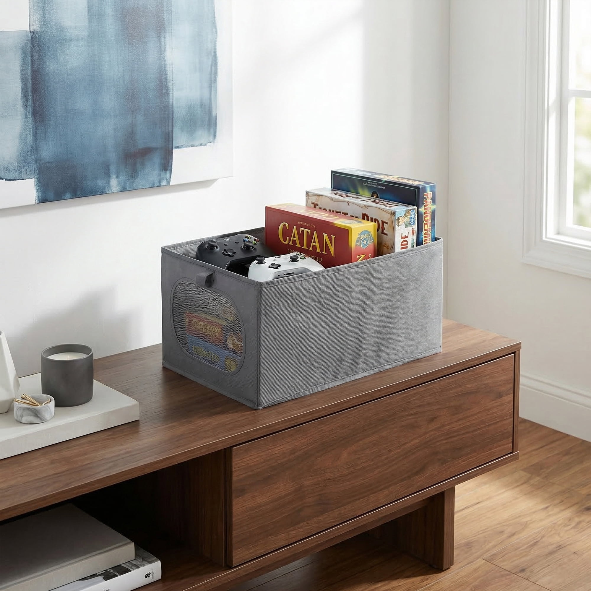 Unique Bargains Fabric Storage Bin With Bottom Dark Grey 17.3*9.8*7.9in