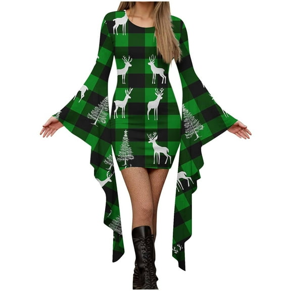 qelini Womens Christmas Dresses Bell Sleeve Reindeer Print Crewneck Irregular Dress Holiday Party Dresses