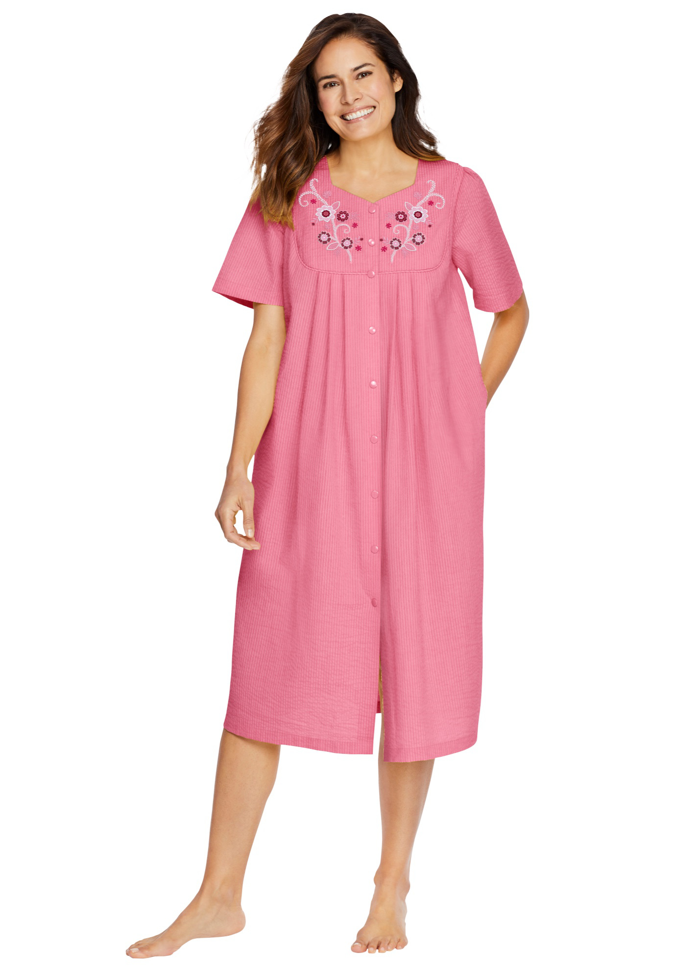Only Necessities Women's Plus Size Embroidered Bib Seersucker Dress or