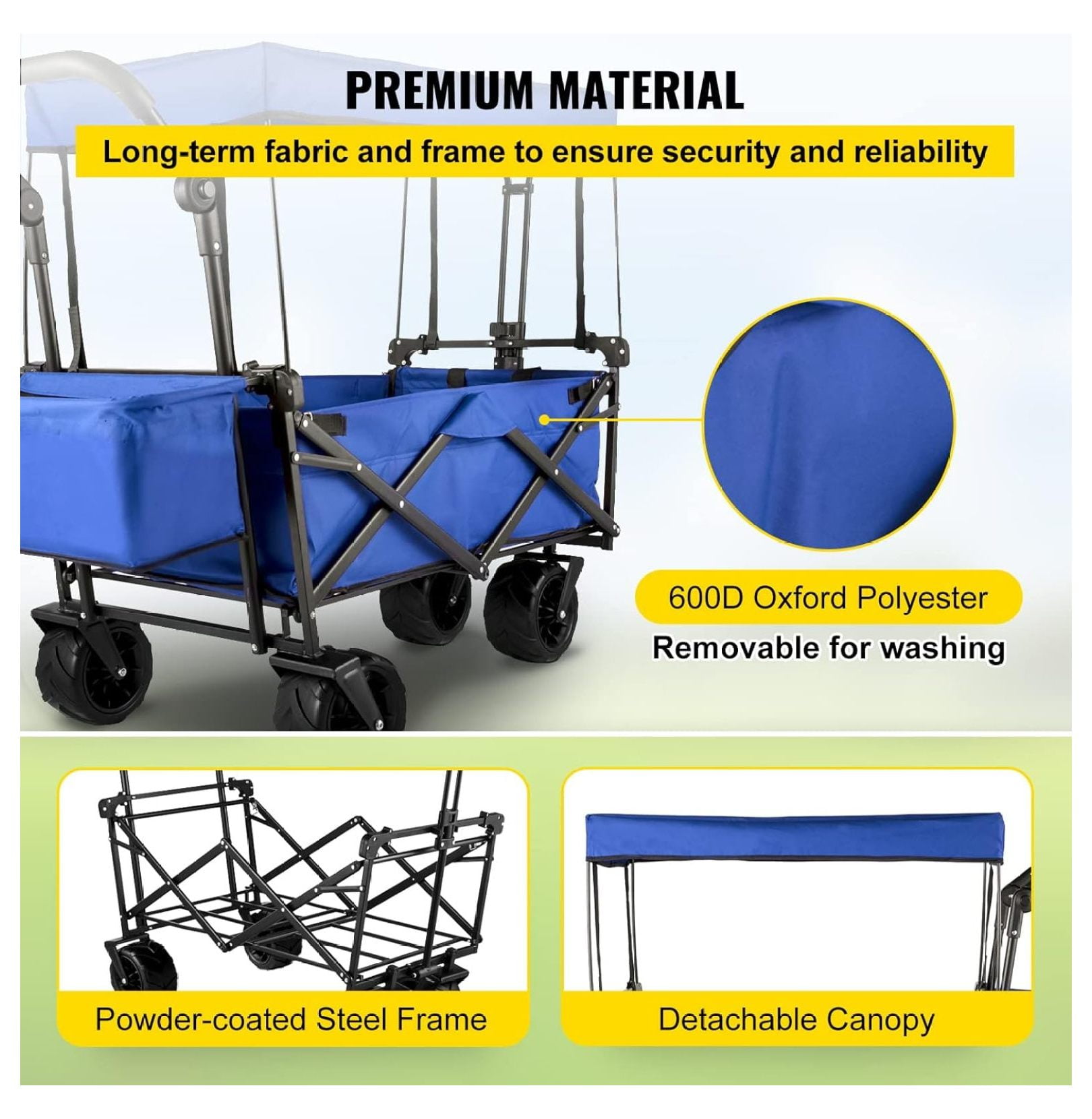 Collapsible Wagon with Canopy, 220lbs Foldable Wagon, Beach Wagon Cart with Big Wheels and Canopy with Adjustable Push Pulling Handles