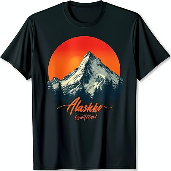 Alaska Adventure Black T-Shirt with Mountain Range & Sunset Graphic