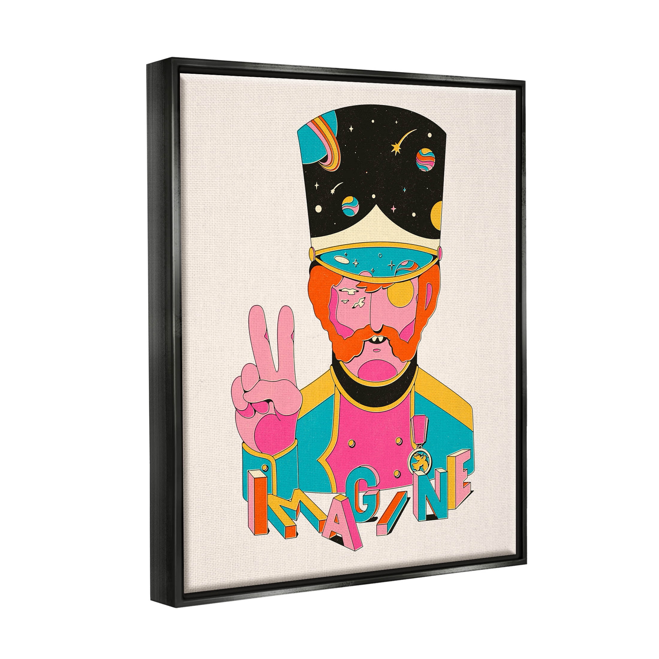 Stupell Industries Imagine Abstract Retro Peace Sign Graphic Art Jet Black Floating Framed Canvas Print Wall Art, Design by Matheus Lopes Castro