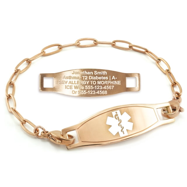 MedicEngraved Rose Gold Stainless Steel Custom Medical Alert Bracelet - 4mm Paperclip Link