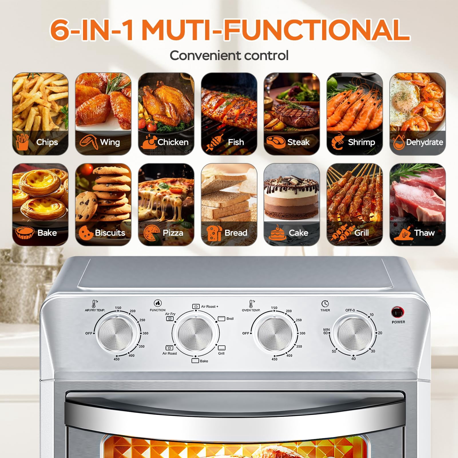 Plum chef 27.5QT 6-in-1 Air Fryer Toaster Oven Extra Large Dropdown-Door 6-Slice Convection Oven for Air Frying, Baking, Roasting, Broiling & Grilling, Stainless Steel Housing, Stainless Steel