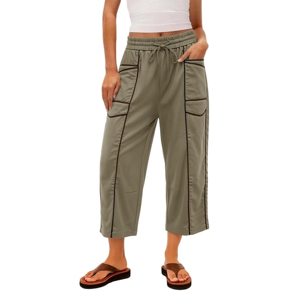 Women Cropped Pants Women's Drawstring Waist Capris Sweat Pants Wide Leg Elastic Waist Casual Cropped Trousers with Multi Pockets Khaki L