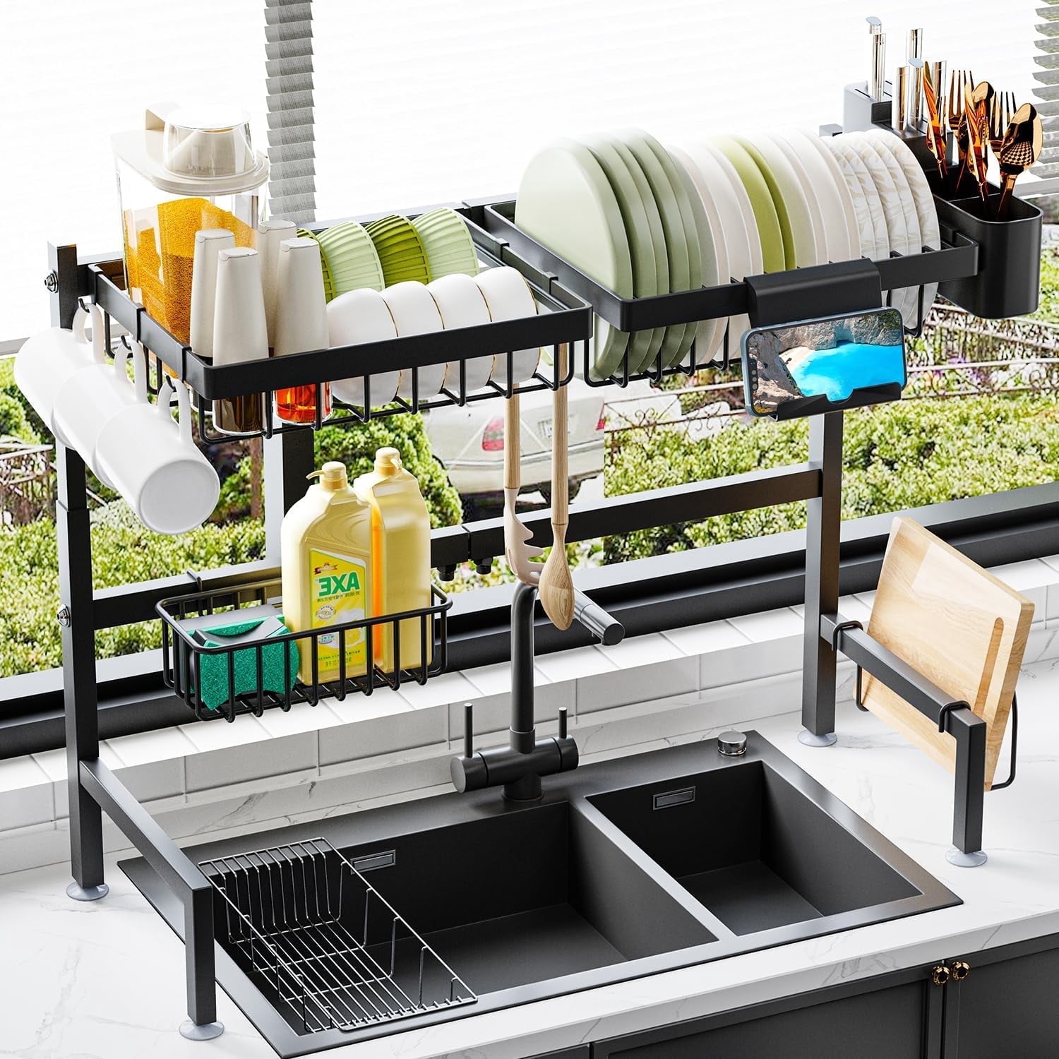 Stainless Steel Dish Drying Rack Over Sink - Draining Shelf With Utensil Holder, Space Saver For Kitchens (Fits Sinks ≤ 36.5")