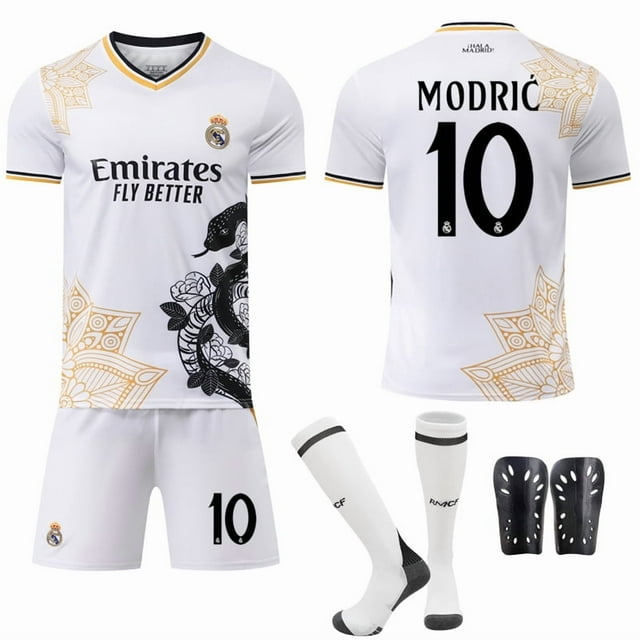 25267 Vinicius 5 Bellingham 9 Mbappe Real Madrid Serpent Blanc Édition Commémorative Spéciale Maillot de Football Ensemble 10 Mod avec Chaussettes + Ensemble de Protection 28