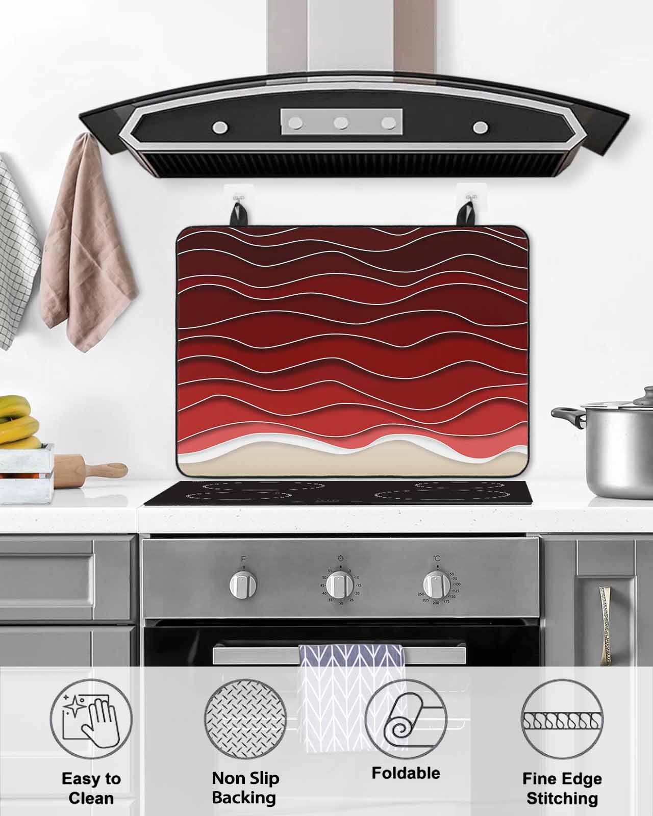 nqOlkjepod Large Induction Cooktop Protector Mat 24"x21", Red Ocean Waves Stove Top Covers for Electric Stove, Coastal Abstract Stripes Ombre Art Stove Burner Cover Mats, Glass Top Stove Cover